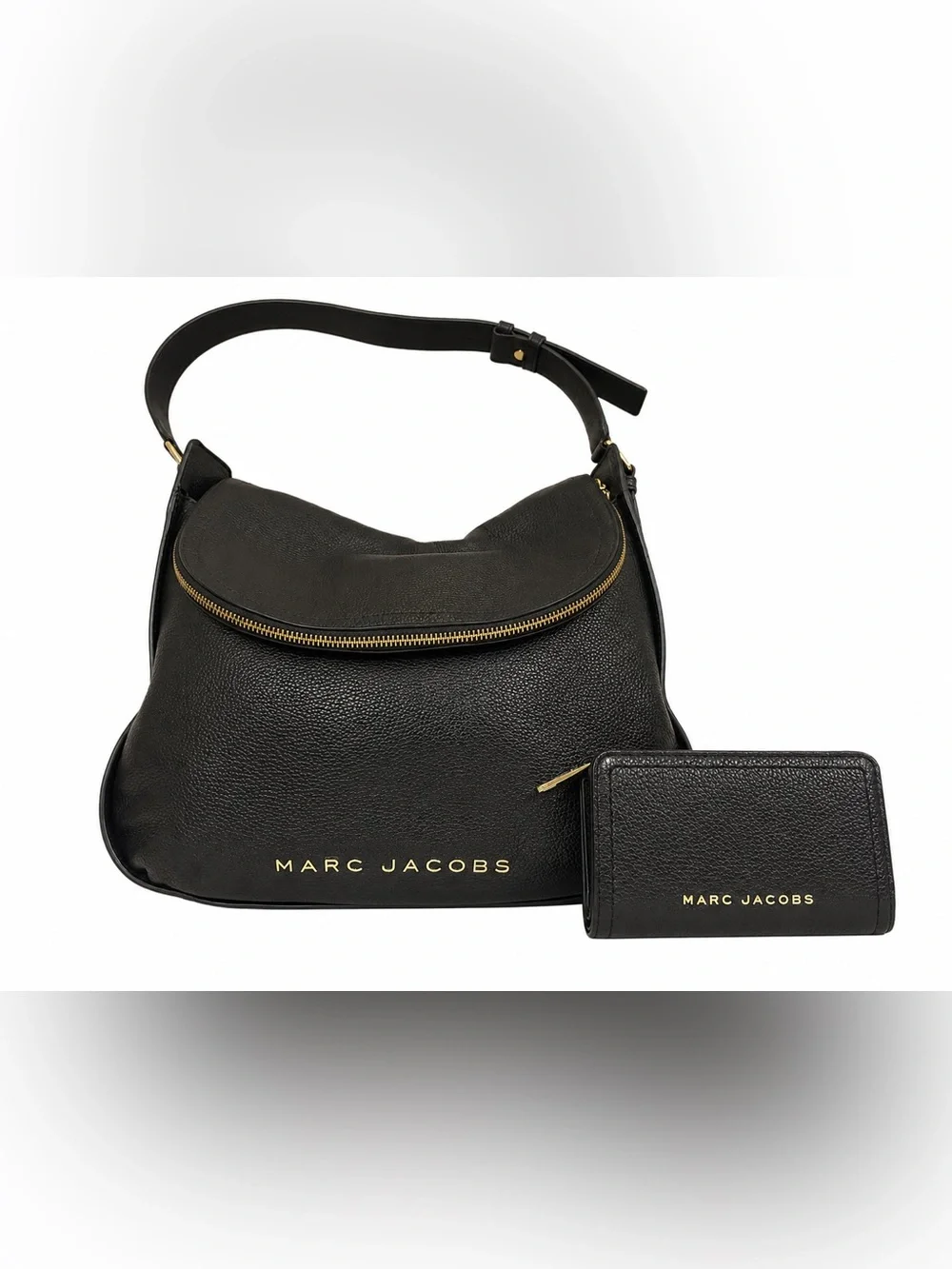 Marc Jacobs Black Pebbled Leather Hobo Shoulder Bag + Matching Wallet Gold Hardw